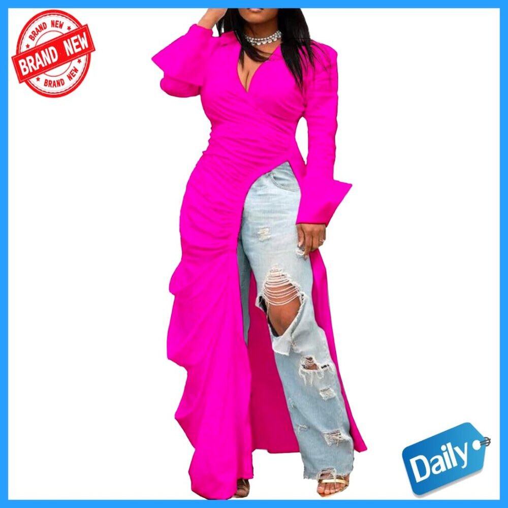 Deep V Neck Ruched Long Sleeve Tunic Blouse Asymmetrical Hem Elegant Chic